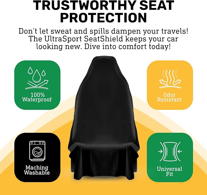 UltraSport Waterproof Towel Car Seat Cover, Universal Fit, Sweatproof & Odor-Resistant Front Seat Protector, Quick-Dry, Machine Washable for Gym, Pets, Travel, Outdoor Adventures, Black, 2-Pack