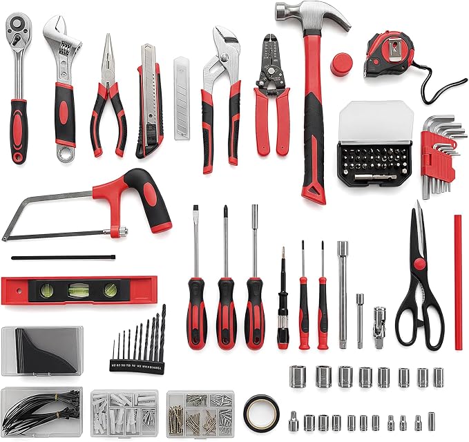 330-Piece Portable Home Repair Tool Kit with Pull-Out Drawer | Compact Homeowners Tool Kit, Durable Tool Box for Homeowner, DIY Projects, Handyman, Black-Red
