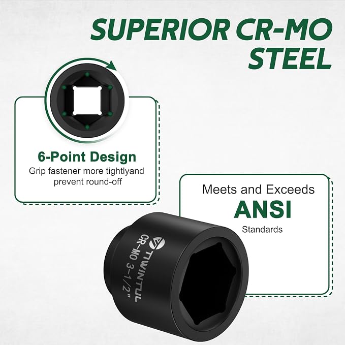 3-1/2" Impact Socket 1" Drive, 6 Point Design, CR-MO Jumbo Impact Socket, ANSI Certified, Heavy Duty Socket 1 Inch Drive for Mining, Offshore, Heavy Truck & Industrial Use