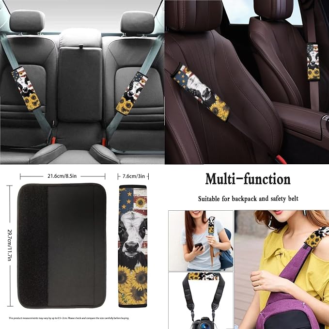 Xoenoiee Cow American Flag Sunflower Print Front Rear Seat Cover for Car SUV Interior Accessories Set with Steering Wheel Cover, Seat Belt Cover, Auto Coasters, Key Chains, 11 Pcs