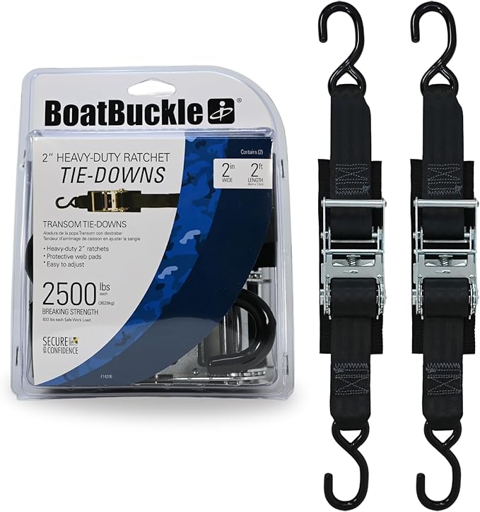 BoatBuckle F14206 Transom Boat Tie Down Straps to Trailer, 2-In x 2-Ft, 2-Pack, 2500lbs Break Strength Each, Heavy Duty Ratchet Straps Transom Tie-Downs, Zinc-coated Steel Ratchet & Rubberized S-Hooks
