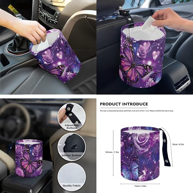 15 Pcs Purple Butterfly Auto Interior Accessories Car Seat Covers with Auto Steering Wheel Cover Seat Belt Covers Car Trash Can View Mirror Cover Coaster Keychains