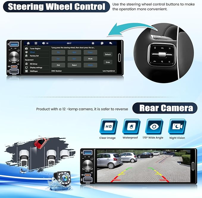 Single Din Touchscreen Car Stereo with Wireless Carplay&Android Auto,6.5 Inch Car Radio MP5 Player with Bluetooth FM Radio EQ Car Audio with USB/Type-C SWC+Backup Camera