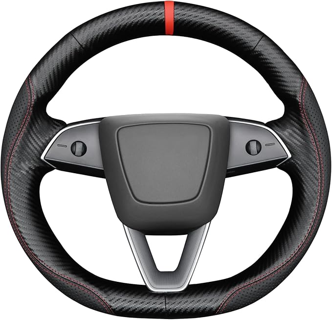 MEWANT Hand Stitch Black Matte PU Carbon Fiber Faux Leather Steering Wheel Cover for Tesla Model 3 Highland 2024-2026 Model Y Juniper 2025-2026