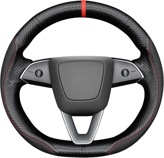 MEWANT Hand Stitch Black Matte PU Carbon Fiber Faux Leather Steering Wheel Cover for Tesla Model 3 Highland 2024-2026 Model Y Juniper 2025-2026