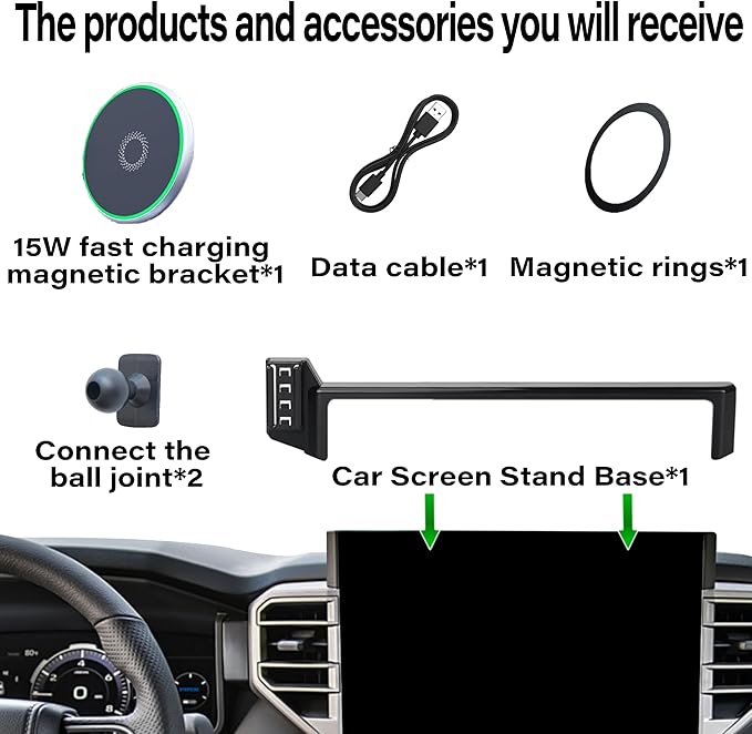 Car Phone Holder for 2022-2026 Toyota Tundra/2023 2024 2025 2026 Toyota Sequoia Accessories 15W Fast Wireless Charger Screen Fixed Clip Cell Phone Mount Hands-Free 360 ° Rotation(14 Inch)