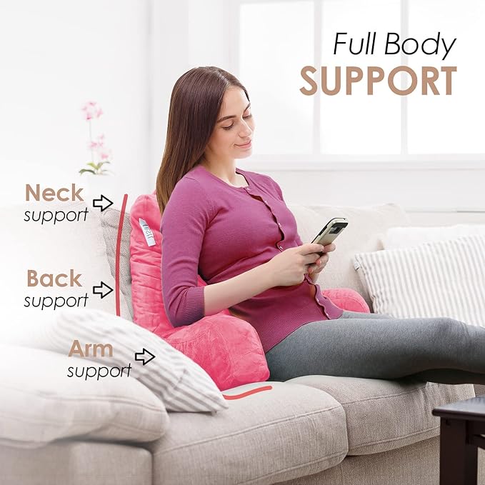 Nestl Reading Pillow with Shredded Memory Foam, Designed for Sitting Up in Bed and Couch, Back and Arms Adjustable Support for Adult & Teens Backrest Pillows for Reading with Washable Cover Light Pink