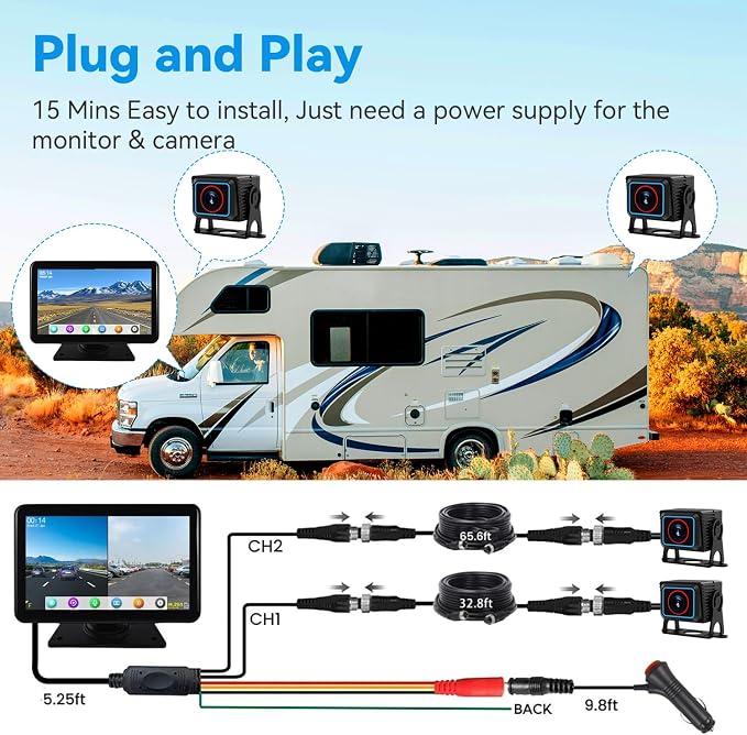 RV Backup Camera System - Dual 1080P HD Cameras with 7 inch Touchscreen Display, Wired Kit for Trucks, Trailers, and RVs, Includes 64GB Memory Card