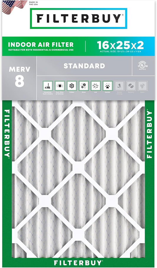 Filterbuy 16x25x2 Air Filter MERV 8 Essential Dust & Allergy Defense (1-Pack), Electrostatic Pleated HVAC AC Furnace Filters Replacement (Actual Size: 15.50 x 24.50 x 1.75)