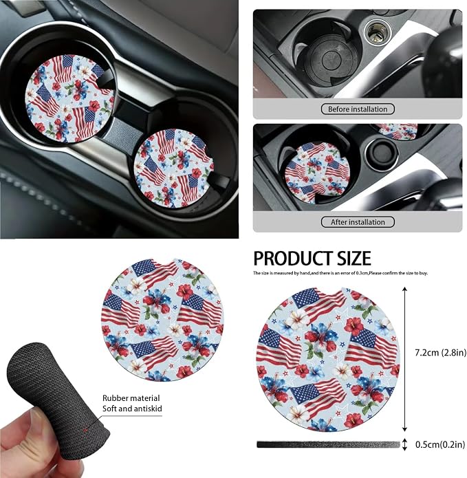 Car Seat Cover Sets Steering Wheel&Seat Belt Cover Trash Bin Air Vent Storage Box Front Rear View Mirror Cover Car Cup Holder Keychain 15Pcs Car Accessories American Flag Hibiscus Floral