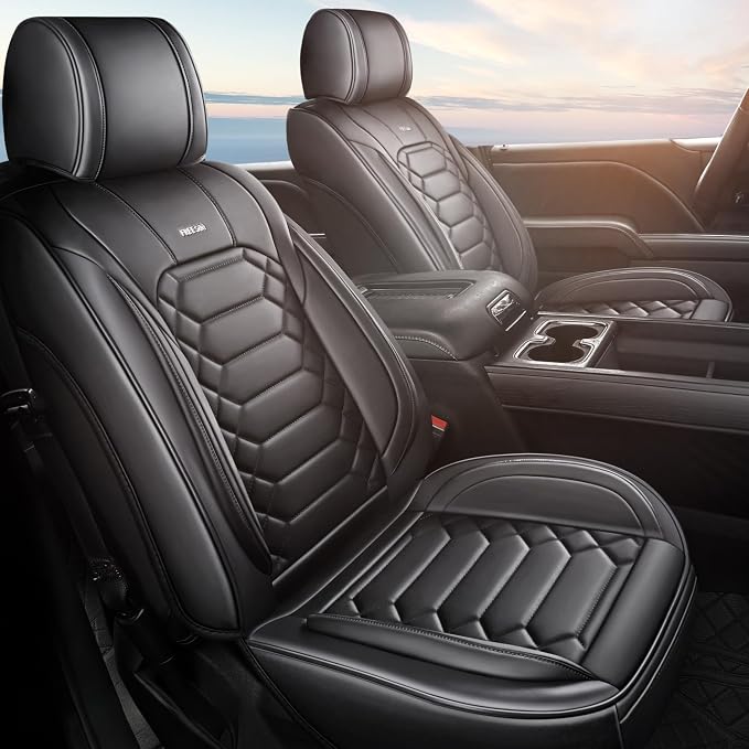 FREESOO for Silverado 2014-2018 2 Front Seat Covers, Fit for Chevy Silverado GMC Sierra 1500 2500 3500 Crew Cab Waterproof Truck Seat Covers Black