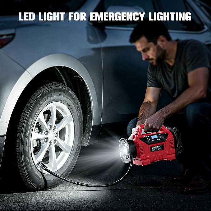 LIVOWALNY 3X Faster Cordless Tire Inflator Air Compressor Pump Compatible with Milwaukee 18V Battery, 160PSI 12V DC/18V DC with Pressure Gauge & Deflator for Car, Air Mattresses (Tool Only)