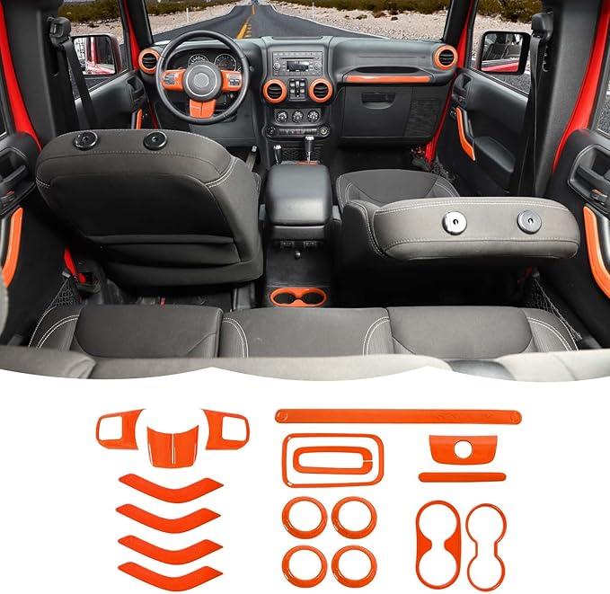 Hoolcar Steering Wheel Cover Gear Shift Panel Trim Cover Water Cup Holder Cover Kit Interior Accessories Kit Fit for Jeep Wrangler JK JKU 2011-2018, 4-Door, Orange