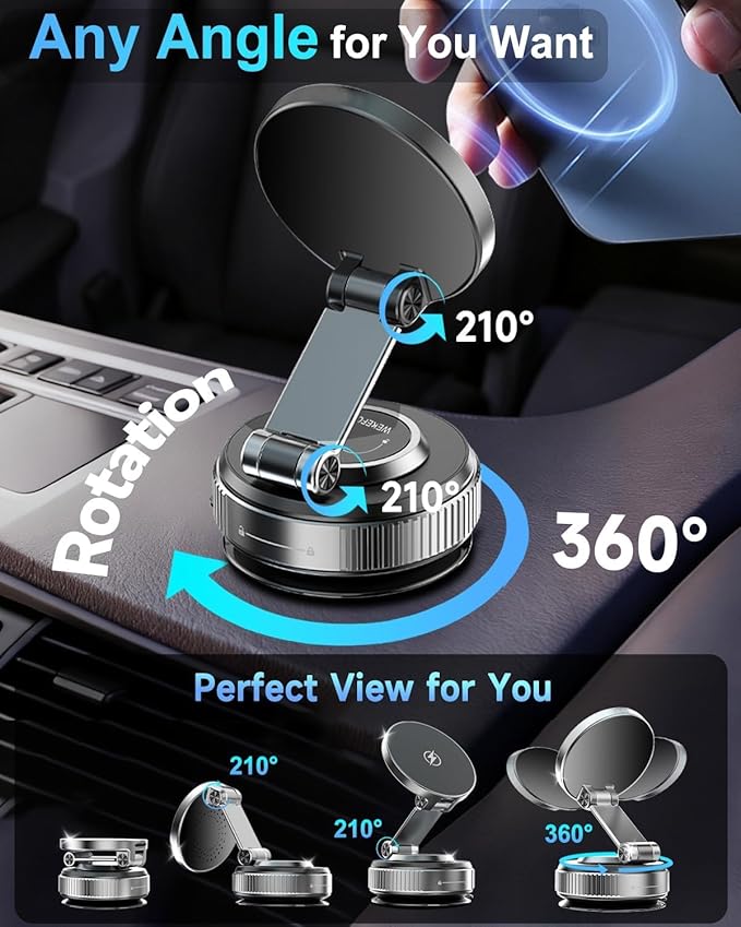 Car Phone Holder Upgraded Vacuum Magnetic Phone Holder for Car with N52 Magnet, Adjustable Suction Cup Phone Mount, Includes Metal Ring