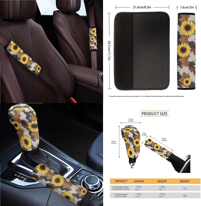14 Pieces Car Seat Covers Full Set Sunflower Cow Print Car Front and Rear Seat Covers Steering Wheel Cover Armrest Pad Safety Belt Pads for Women Girls, Universal Fit Most Vehicle