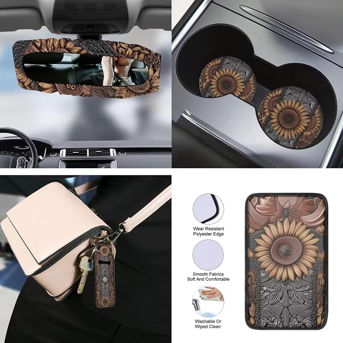 Sunflower Print Car Seat Cover Full Set with Steering Wheel Covers Auto Seat Belt Pads Auto Armrest Pad Car Rear View Mirror Protector Universal Fits, 15 Pack, Brown