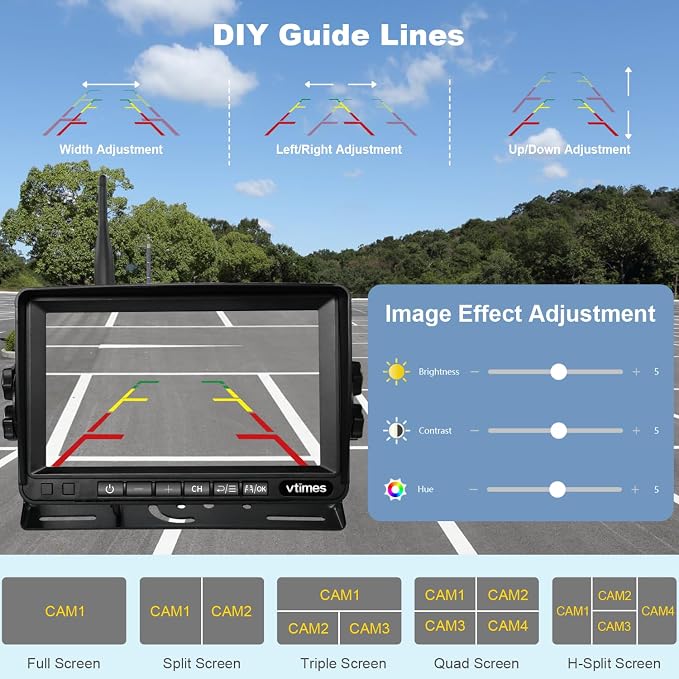 VTimes 3-Camera Wireless RV Backup System, RV Backup Camera with 7'' HD Monitor for Truck, 4 Channels Split Screen, BSD Alert, 984FT Signal Range, IP69K Waterproof IR Night Vision, DIY Guide Lines