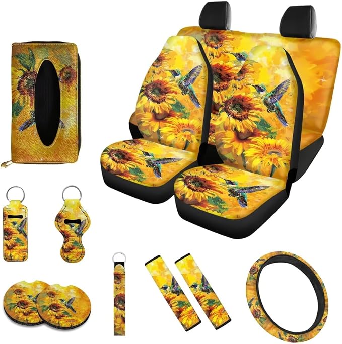 Poceacles 13 PCS Car Seat Covers for Women Sunflower Hummingbird Car Accessories Car Interior Seat Covers with Steering Wheel Cover, Wrist Strap, Car Coasters, Tissue Box, Shoulder Pad, Key Chain