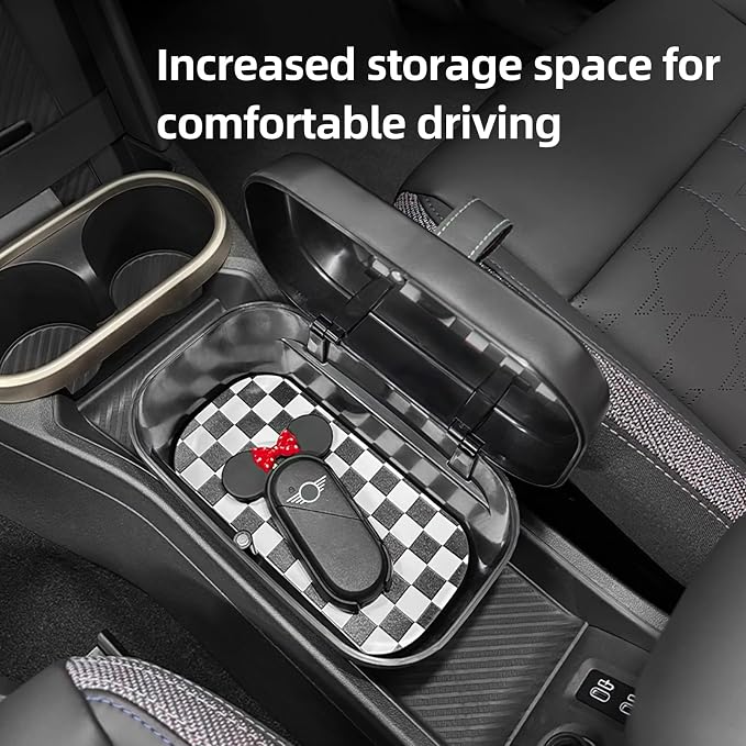 FDAIUN Center Console Storage Box + Leather Mat for 2024-2025 BMW Mini Cooper F65 F66 Car Storage Accessories 2Pcs (Checker)