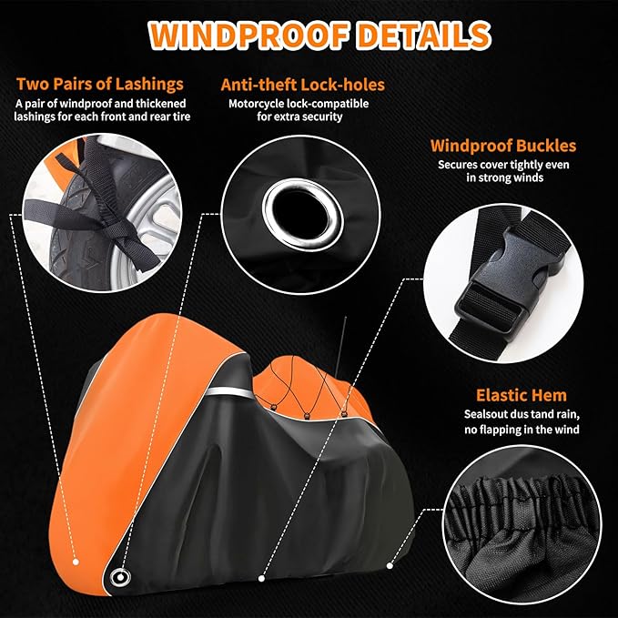 COVERVIN Motorcycle Cover with Side+Top Box Heavy Duty 420D Waterproof for Harley Davidson Ultra Ltd, Road Glide Ltd, Honda Gold Wing, Road Master, Indian, Indoor & Outdoor Storage (Black&Orange)
