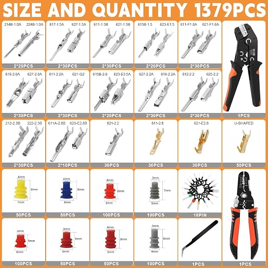 1381PCS Pin Connector Kit, Electrical Pins Connectors with Crimp Tool and Wire Strippers,28 Types 1/1.5/1.8/2.2/2.3/2.8/3.5mm Removal Male Female Crimp Pins