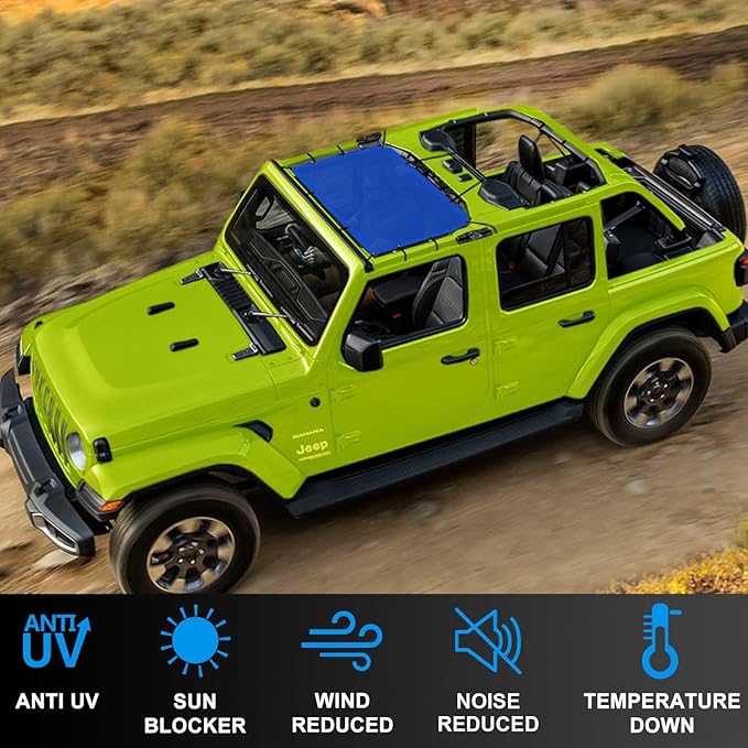 JT JL Top Sun Shade Roof Compatible with Jeep Wrangler and Gladiator 2 or 4 Door 2018 to 2023 Sunshade Sunroof Blocks UV Wind Noise Blue Mesh for Front