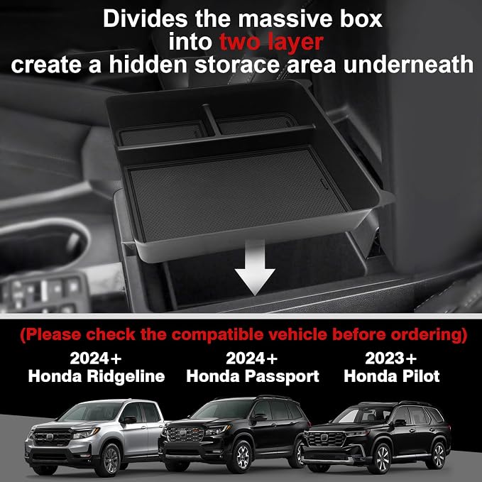 Muslogy 2PCS Center Console Organizer & Hidden Storage Box Compatible with 2023 2024 2025 2026 Honda Pilot Accessories, 2024+ Ridgeline/Passport Armrest Privacy Insert Tray Console Insert Organizer