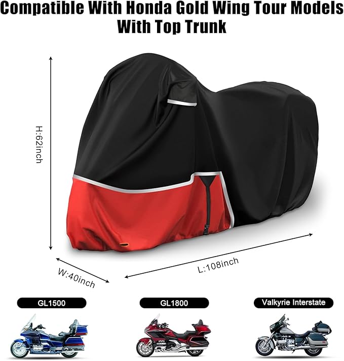 Waterproof Motorcycle Cover Replace for Honda Goldwing with Trunk Models, 420D Oxford Cloth GL1500, GL1800, Valkyrie Interstate Motorcycle Cover for Snow Rain Dust Protection
