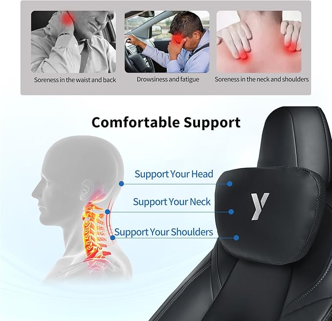 Nappa Leather Car Neck Pillow for Tesla Model Y Model 3 Juniper/Highland Headrest Pillow Memory Foam Ergonomic Design Breathable Height Adjustable Accessories (Black-1 pc-Y)
