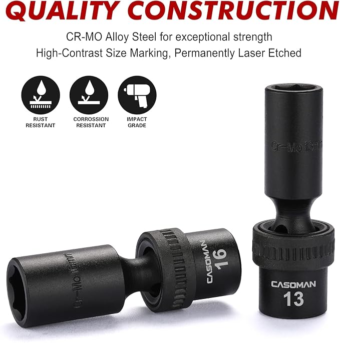 CASOMAN 10 PCS 3/8" Drive Deep Standard Universal Impact Socket Set, 6 Point, CR-MO, Metric,10-19mm