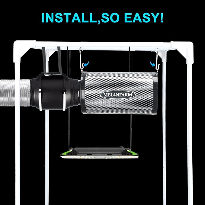 MELONFARM 4 Inch Air Carbon Filter Smelliness Control with Australia Virgin Charcoal, Odor Removal for Grow Tent, Inline Fan, 8' Ducting, Cooling & Vent Cover Included, Insulated Flange 4" x 11"