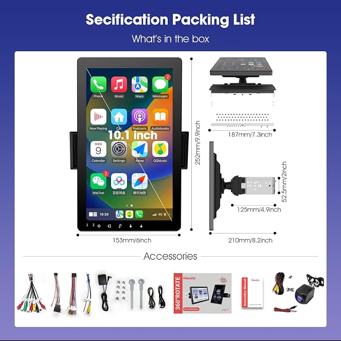 10.1 Inch Rotatable Carplay Screen for Car and Android Auto,Single Din Car Stereo with 720P Backup Camera,Touch Screen GPS Navigation,Bluetooth,Voice Control