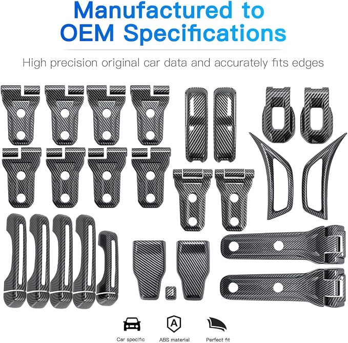 Barong for Jeep Wrangler JL JLU 2018-2025 Accessories Exterior Decoration Door Hinge Handle Engine Hood Hinge Hood Latch Wheel Eyebrow Side Air Outlet Rear Window Hinge Cover 26PCS Full Set (Carbon)