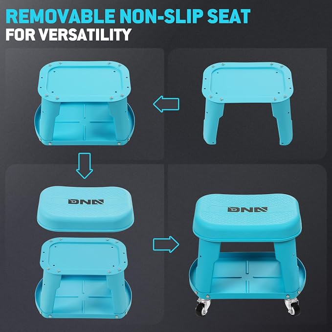DNA Motoring Removable Rolling Garage Stool with Seat Cushion & Tool Tray Plate, 300lbs Max Weight Capacity, Blue, TOOLS-00479