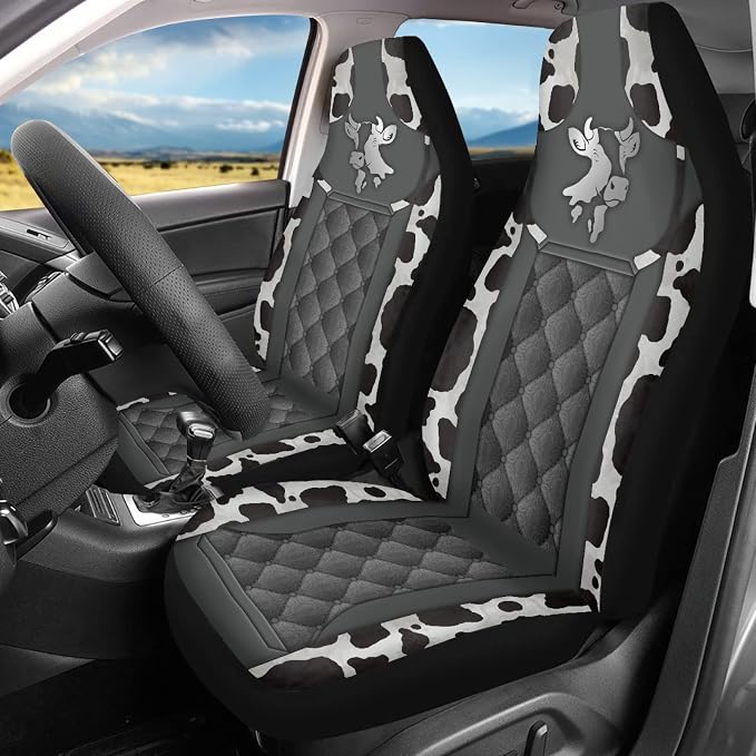 Howilath Sliver Cows Print Auto Car Front Seat Covers/Steering Wheel Cover/Seatbelt Pad/Armrest Cushion/Coaster/Keychain, 10pcs Universal Auto Interior Protector Accessory