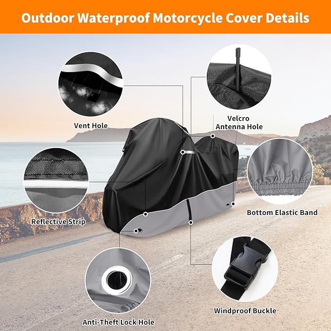 Motorcycle Cover, 110 Inch with Side+Top Box Touring Models Specific Vehicle Cover Storage Suitable for Harley-Davidson Ultra Limited, Road Glide Limited, Gold Wing, Road Master Grey
