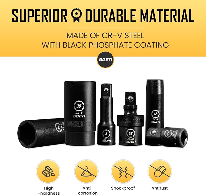 1/2" Drive Impact Socket Set, 45 Piece Deep & Shallow Metric Socket Set 9mm to 32mm + 1/2" Drive Ratchet Wrench