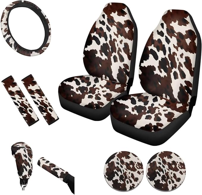 Tupalatus Brown Cow Print 9 Pieces Universal Car Accessories Set Front Car Seat Covers Steering Wheel Cover Auto Seat Belt Cover Coasters Gear Shift Cover Hand Brake Cover