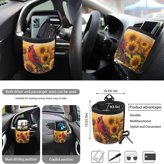 Cardinal Sunflower Pattern Auto Seat Covers Full Set, Car Interior Decor Set of 10 Steering Wheel Cover Cup Coasters Car Trash Can Air Vent Pounch Bag Keychain Universal Fit Most Cars