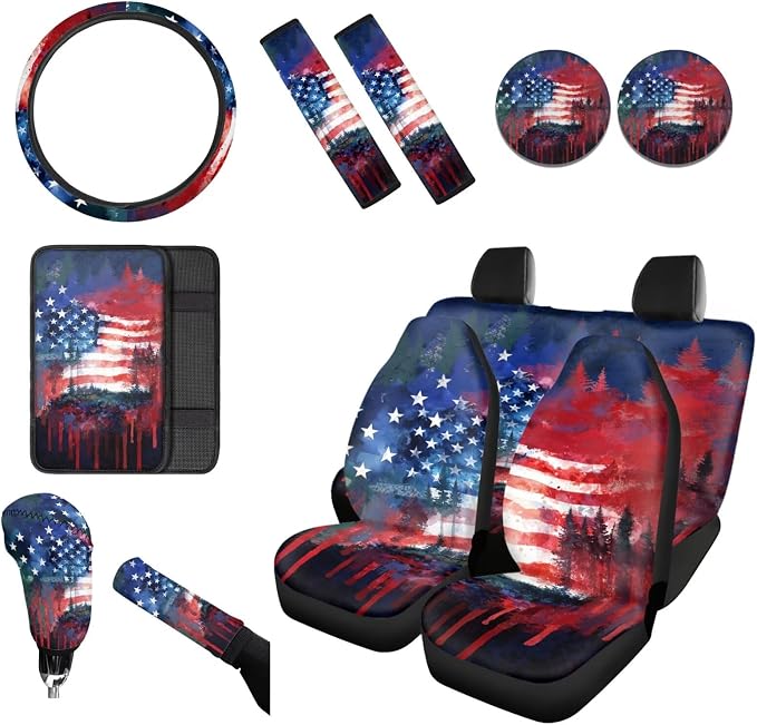 Wanyint Car Seat Cover Set 12 PCS, with Steering Wheel Cover Seat Belt Armrest Handbrake Gear Shift Knob Cover Set Coasters Auto Accessories, Watercolor American Flag Forest