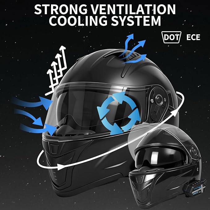 Bluetooth Modular Motorcycle Helmets with Tail Lights, DOT Approved Flip Up Full Face Motorcycle Dual Visor Helmet, with Dual Speakers and Microphone, for Adults Men and Women