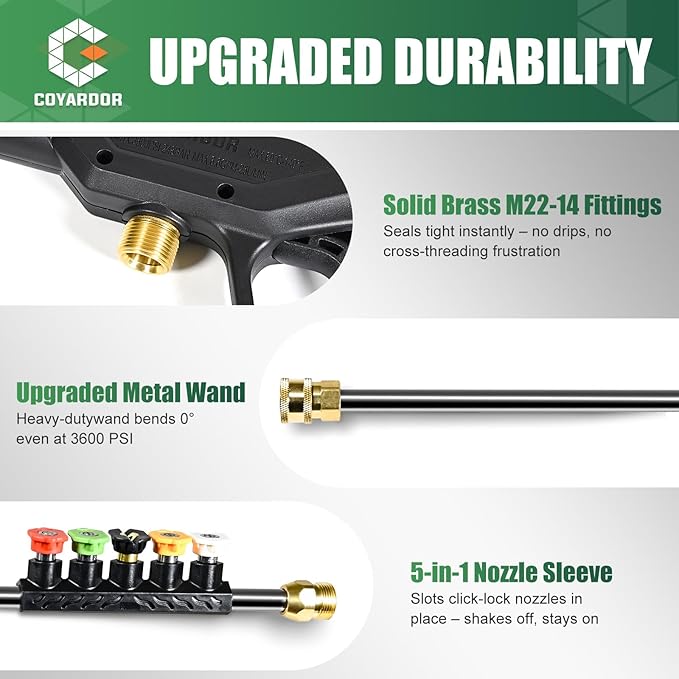 Pressure Washer Gun 3600 PSI with Extension Wand, Nozzle Holder & 5 Spray Tips, M22-14mm Fitting, Replacement for Ryobi, Karcher, Honda, Greenworks, Briggs & Stratton, Gas Power Washer