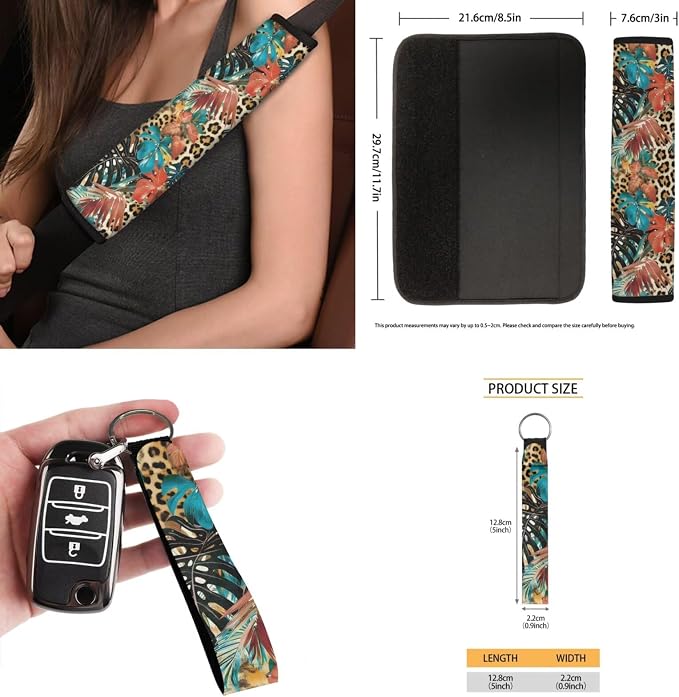 Tropical Floral Auto Interior Accessories Leopard Car Seat Covers with Auto Steering Wheel Cover Seat Belt Covers Car Trash Can View Mirror Cover Coaster Keychains