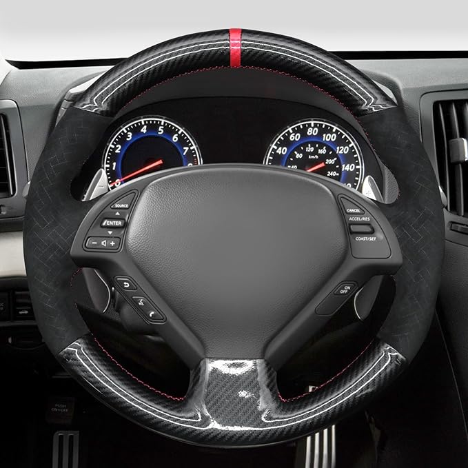 MEWANT Steering Wheel Cover for Infiniti G25 G35 G37 EX35 EX37 Q60 QX50 Made of Shiny PU Carbon Fiber Embossed Athsuede