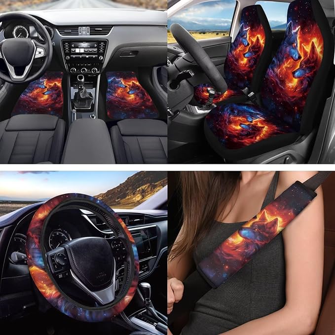 18 Pcs Flame Wolf Print Car Seat Covers Full Set Car Accessories Set Auto Steering Wheel Cover Floor Mats Armrest Pad Covers Seat Belt Pads Handle Wraps Cup Coaster Keychain