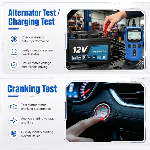 TOPDON BC100 Car Battery Tester 12V Automotive Battery Analyzer for Technicians & DIYers, 100-2000 CCA Digital Battery Load Tester, Fits Car, Truck, Motorcycle, ATV, SUV, Boat, Yacht, Golf Cart