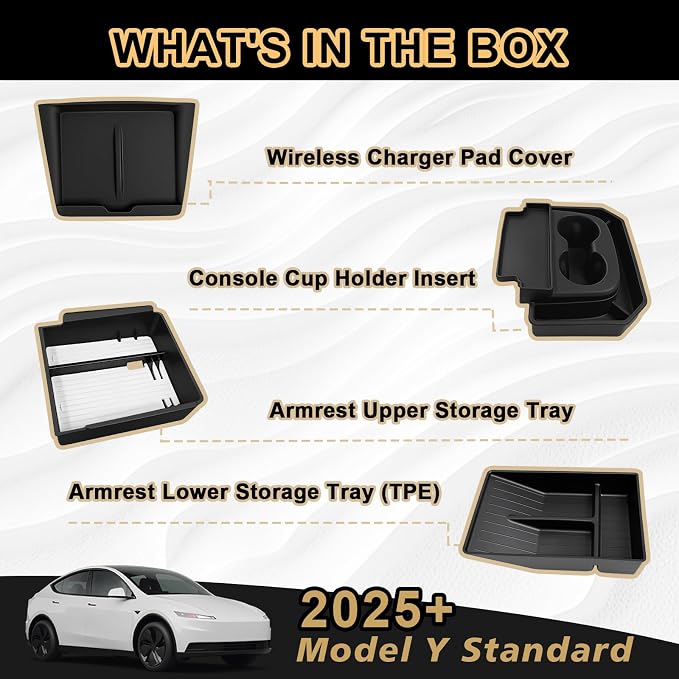 BestEvMod 4PCS Center Console Organizer Compatible with 2026 2025 Tesla Model Y Juniper | Standard Version | Accessories Armrest Storage Tray Cup Holder Wireless Charging Pad (TPE Bottom Tray)