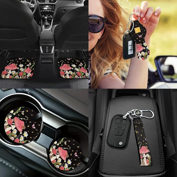 Butterfly Car Seat Covers Full Set of 17 Pcs Mushroom Car Accessories with Steering Wheel Auto Covers,Steering Wheel Car Covers,Seat Belt Pads,Armrest Pad,Butterfly Car Floor Mats Set of 4