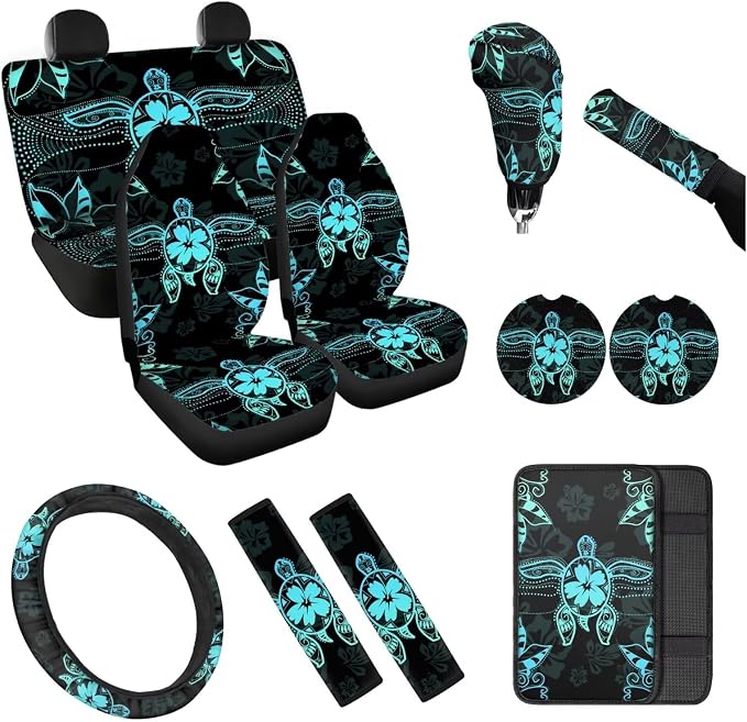 Blue Turtle 12 Pack Car Seat Covers Full Set Steering Wheel Cover Car Center Console Cover Protector Cars Seat Belt Covers Hand Brake Cover Universal Fit for Cars SUV