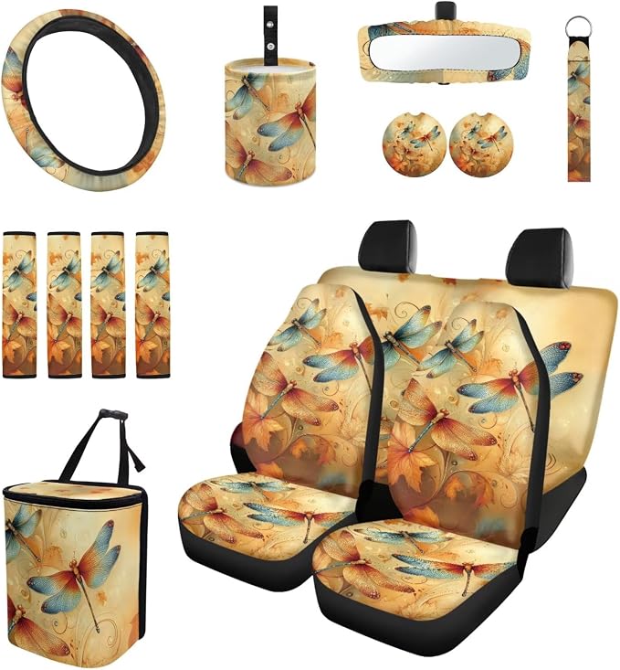 15 Pcs Vintage Dragonfly Car Seat Covers Full Set for Women Cute Car Accessories Interior Car Steering Wheel Cover Seatbelt Covers Trash Bin Rear View Mirror Cover Cup Holders Keychain